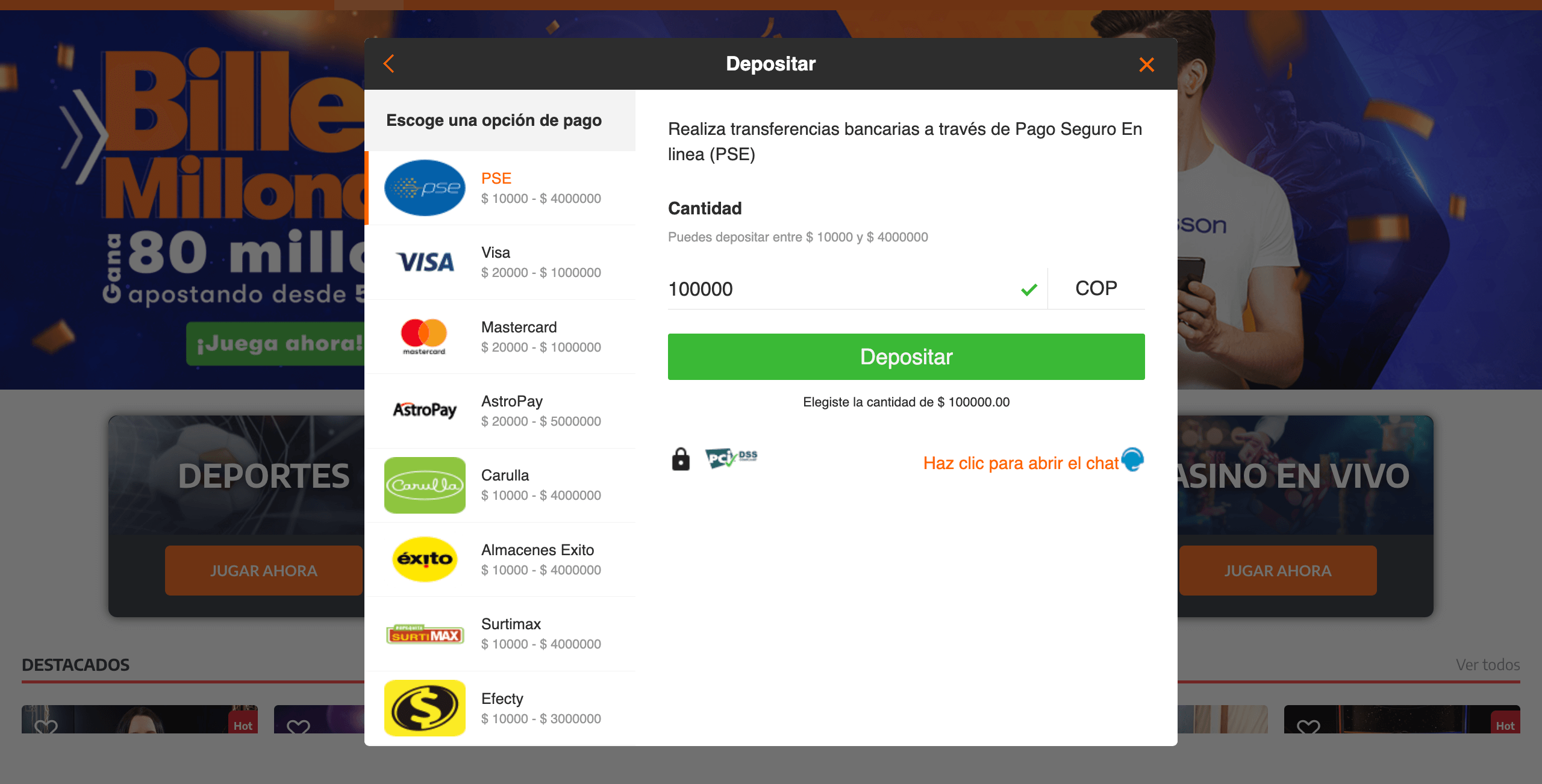Métodos de depósito en Betsson Colombia