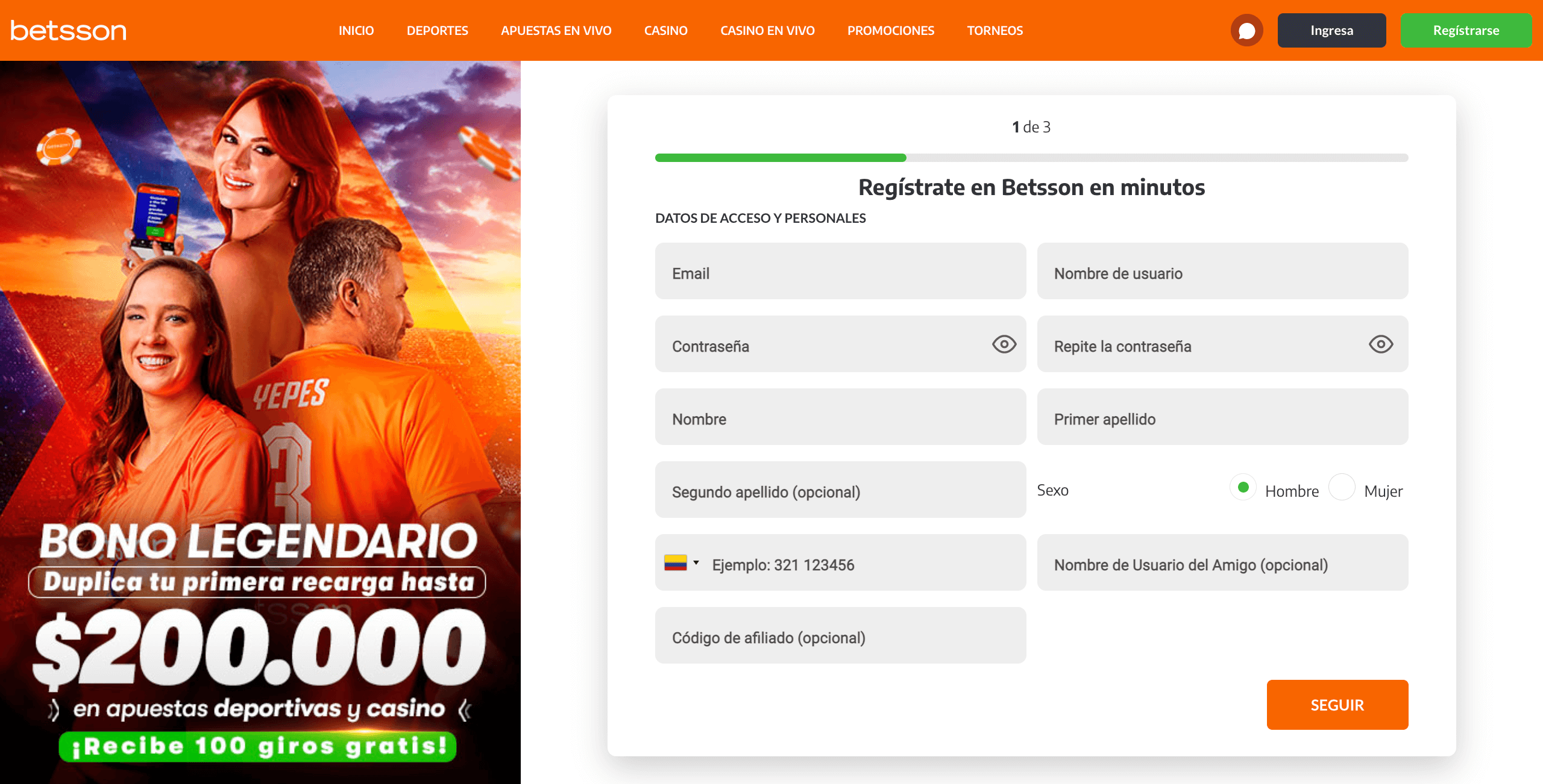 Formulario de registro de Betsson Colombia