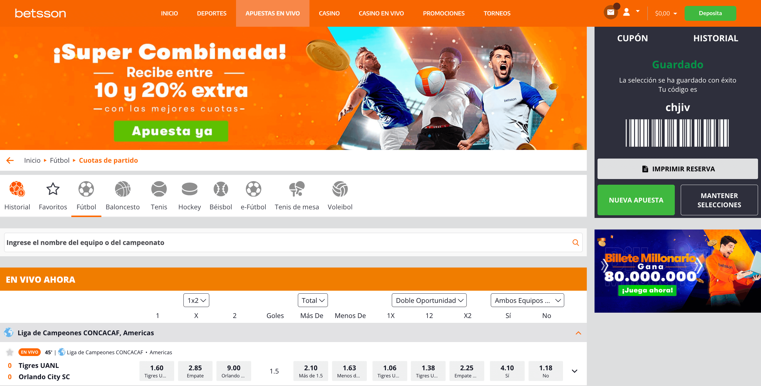 Reservar apuesta en Betsson Colombia